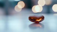 Heart shaped amber liquid drop on reflective surface with soft bokeh lights in background creates romantic mood for valentines day designs and love concepts.