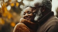 African American senior man with gray beard embracing young woman outdoors in autumn, showing family connection and intergenerational love.