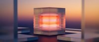 Glowing cube with warm orange light emission on reflective surface at sunset, suitable for technology, energy, and abstract design projects.