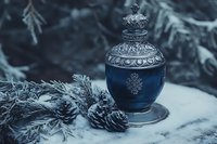 Ornate blue ceramic jar with decorative lid surrounded by frosted pine branches and cones in winter setting for seasonal home decor and holiday styling.