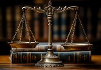 Vintage brass scales of justice balanced on law books with blurred library background, symbolizing legal system, jurisprudence and equal rights in courtroom setting.