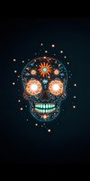 Mexican sugar skull with glowing neon ornaments and floral patterns on dark background, surrounded by magical sparkles and stars. Dia de los Muertos celebration art.