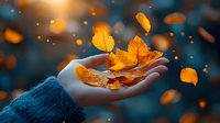 Hand in blue sweater holding golden autumn leaves with magical bokeh light effect in dark blue background.