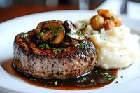 Juicy grilled beef tenderloin steak topped with sauteed mushrooms and herbs, served with creamy mashed potatoes in rich brown sauce on white plate.