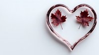 Red maple leaves arranged inside heart shape outline on white background, minimalist autumn romance concept for greeting cards and seasonal designs.