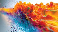 Vibrant abstract fluid art with flowing orange, red, and turquoise colors creating dynamic wave patterns against light background.