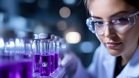 Young Asian female scientist in lab coat and safety glasses examining purple liquid in glass vial against blurred laboratory background with bokeh lights.