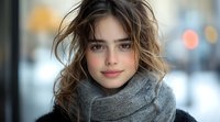 Young Caucasian woman with natural makeup and tousled brown hair wearing cozy gray scarf smiles warmly at camera against soft bokeh background in winter setting.