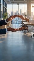 Business team hands protecting glowing digital security shield in modern office environment representing cybersecurity protection and data safety collaboration.