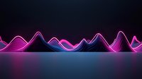 Glowing pink and blue neon waves create dynamic abstract pattern against dark background with reflection on glossy surface. Modern design element for technology themes.