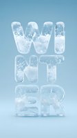 Word WINTER made of transparent ice letters filled with snow on light blue background, seasonal cold concept for holiday design.