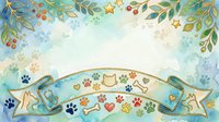 Watercolor festive banner with decorative foliage, paw prints, bones, hearts and stars on cream background. Suitable for pet-related designs, greeting cards and seasonal projects.