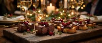 Gourmet appetizers with cranberries on rustic wooden board at elegant holiday dinner party with wine glasses and candlelight creating festive atmosphere.