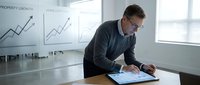 Professional businessman analyzing financial data on tablet in modern office with growth charts displayed on wall behind him.
