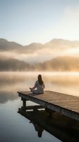 Woman meditating in lotus pose on wooden dock at misty mountain lake during golden hour sunrise creating peaceful zen atmosphere for wellness and mindfulness.