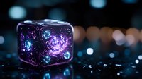 Glowing cosmic cube with purple and blue nebula patterns on dark background with bokeh lights, magical fantasy concept for creative design projects.