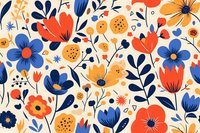 Vibrant floral seamless pattern with orange and blue wildflowers, navy leaves, and yellow blooms on light beige background. Perfect for fabric, wallpaper, and surface design projects.