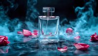 Empty perfume bottle with scattered rose petals on reflective surface amid mystical blue smoke, creating luxurious atmosphere for cosmetic and fragrance marketing.