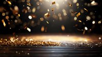 Glowing golden confetti and bokeh lights falling on dark reflective surface creating magical festive atmosphere. Celebration background with copy space.