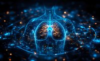 Glowing blue holographic visualization of human respiratory system with lungs and bronchi on dark background with luminous particles and bokeh effect.