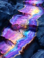 Vibrant iridescent oil spill creating rainbow reflections on cracked asphalt surface with purple, blue and golden hues for environmental concepts.