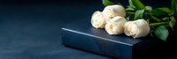 White roses bouquet lying on elegant black gift box against dark blue background for romantic occasions and luxury gifting concepts.