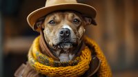 Mixed breed dog wearing brown fedora hat and yellow knitted scarf looking at camera with soulful expression against dark background. Pet fashion and autumn mood.