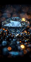 Brilliant cut diamond with light reflections on dark background with golden bokeh lights and sparkles, luxury jewelry concept for premium design projects.