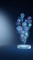 Holographic cloud computing network with glowing geometric shapes and binary code emerging from illuminated podium against dark blue gradient background for technology and data storage concepts.