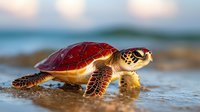 Sea turtle hatchling crawling on wet sand beach at sunset with golden light reflecting on water and blurred ocean background for wildlife conservation content.