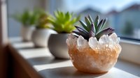 Succulent plant growing in natural pink Himalayan salt crystal planter on windowsill with soft sunlight, modern minimalist home decor with potted plants.