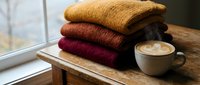 Cozy autumn scene with stacked knit sweaters in warm tones and steaming coffee cup on wooden table by window for fall lifestyle content.