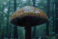 Large brown mushroom with water drops in rainy forest setting against dark green background, creating moody atmospheric nature scene. Dramatic lighting highlights raindrops.