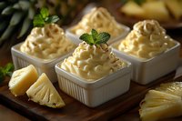 Creamy pineapple mousse served in white ceramic ramekins on wooden board, garnished with fresh mint leaves and accompanied by sliced tropical fruit pieces.