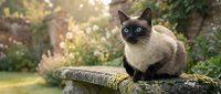 Siamese cat with dark points sitting on moss-covered log in garden setting with blurred green foliage background. Suitable for pet, nature, and lifestyle content.