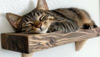 Sleeping tabby cat relaxing on wooden wall-mounted shelf, displaying peaceful expression and comfortable lounging position against white wall background.