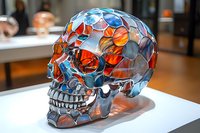 Decorative metallic skull sculpture with stained glass mosaic pattern in vibrant orange and blue colors on white display surface, artistic gothic decor piece.