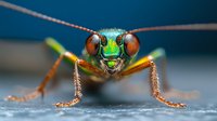 Extreme macro portrait of green metallic tiger beetle with large compound eyes and detailed mandibles against blurred blue background. Stunning insect photography.