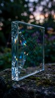 Crystal clear glass block with rainbow light refraction on moss-covered stone surface outdoors with natural bokeh background for luxury design projects.