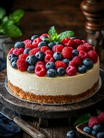 Classic cheesecake topped with fresh raspberries and blueberries on rustic wooden background, garnished with mint leaves, homemade dessert photography.