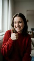 Happy young Caucasian woman in red knit sweater giving thumbs up gesture while smiling at camera in bright modern home interior for lifestyle content.