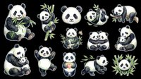 Adorable panda characters in various poses with bamboo leaves, isolated on transparent background. Ready for t-shirt designs, stickers, clipart, sublimation, and print-on-demand products.
