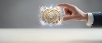 Businessman hand touching glowing golden gear mechanism with digital light effects on neutral background for technology and innovation concepts.