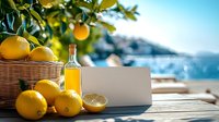Fresh yellow lemons and homemade limoncello liqueur bottle on wooden table against Mediterranean coastal landscape, blank card for text, sunny day.