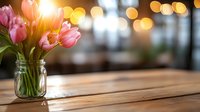 Fresh pink and peach tulips in glass mason jar on wooden table with soft bokeh lights in background, creating warm romantic spring atmosphere.