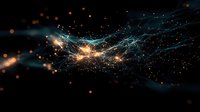 Glowing network connections with orange light particles and blue energy streams against dark background, abstract digital technology concept.
