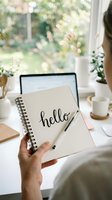 Woman holding spiral notebook with hello lettering at bright home office desk with laptop, plants, and coffee cup.