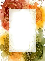Watercolor frame with golden swirls and autumn colors creating decorative border with white space for text or design elements.