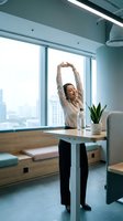 Young Asian businesswoman stretching arms above head at standing desk in modern office with city view for workplace wellness and productivity.