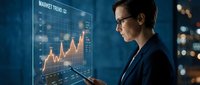 Professional businessman analyzing financial market trends on digital display screen in modern office environment for business strategy and investment decisions.
